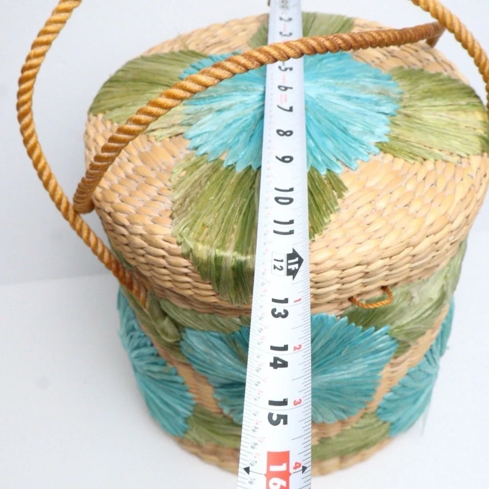 VTG Handmade Straw Raffia Woven Basket with Handle & Lid Floral Boho MCM